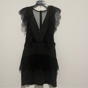 Stevie May Black Linen Lace Sheer Ruffle Deep V Mini Dress Size Small
